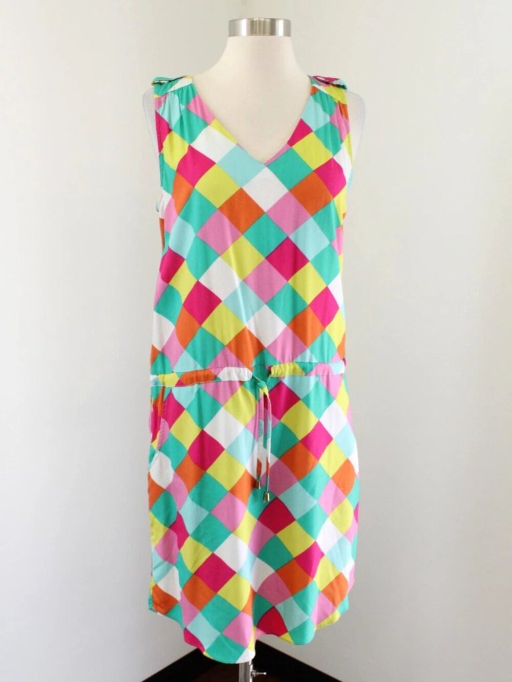 Escapada Rainbow Diamond Print Drawstring Sleeveless Dress Size M